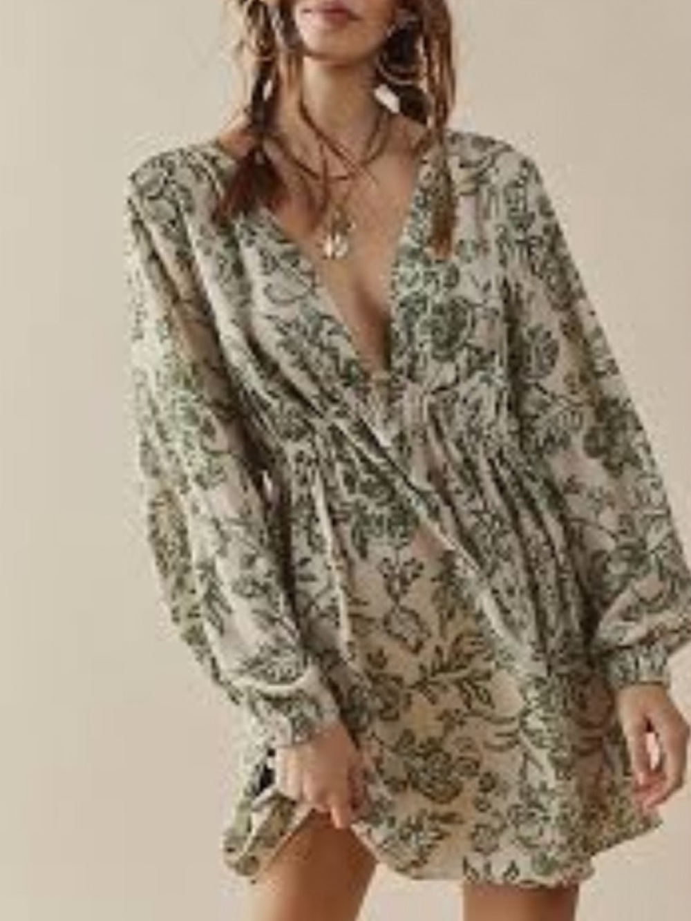 Free People Soli Mini Dress Fern Combo Deep V Floral Festival Boho Resort EUC S